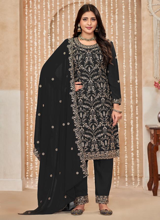 Faux Georgette Black Wedding Wear Embroidery Work Straight Suit